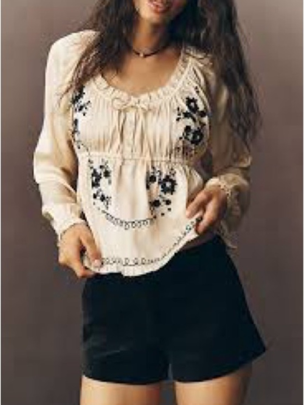 Anthropologie Satin Embroidered Long Sleeve Peasant Blouse M cream black